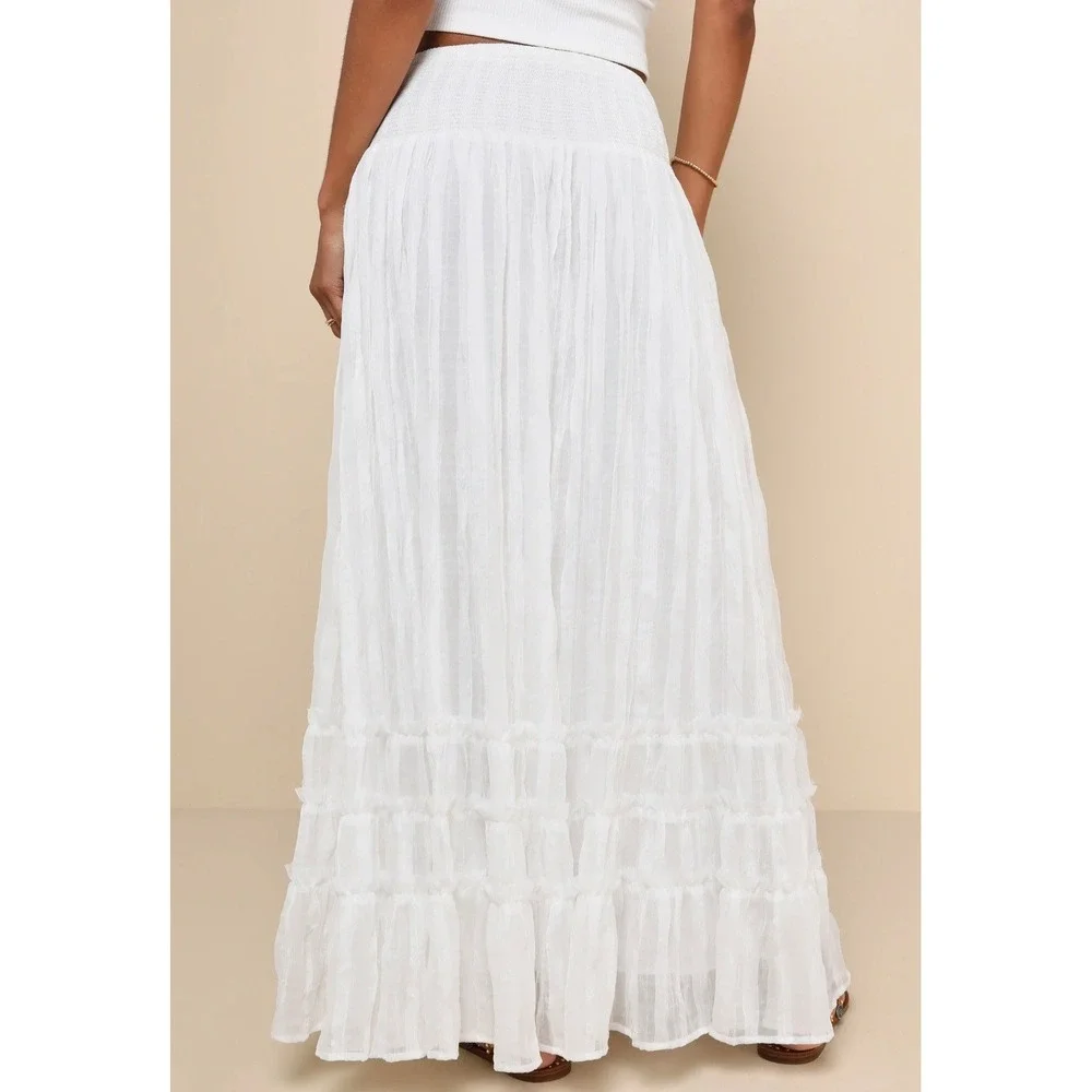 Lulus White Smocked Tiered Maxi Skirt Boho Flowy Textured Small